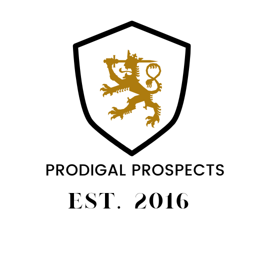 Prodigal Prospects Logo Black crest shield with a gold lion inside and the words prodigal prospects and established 2016.